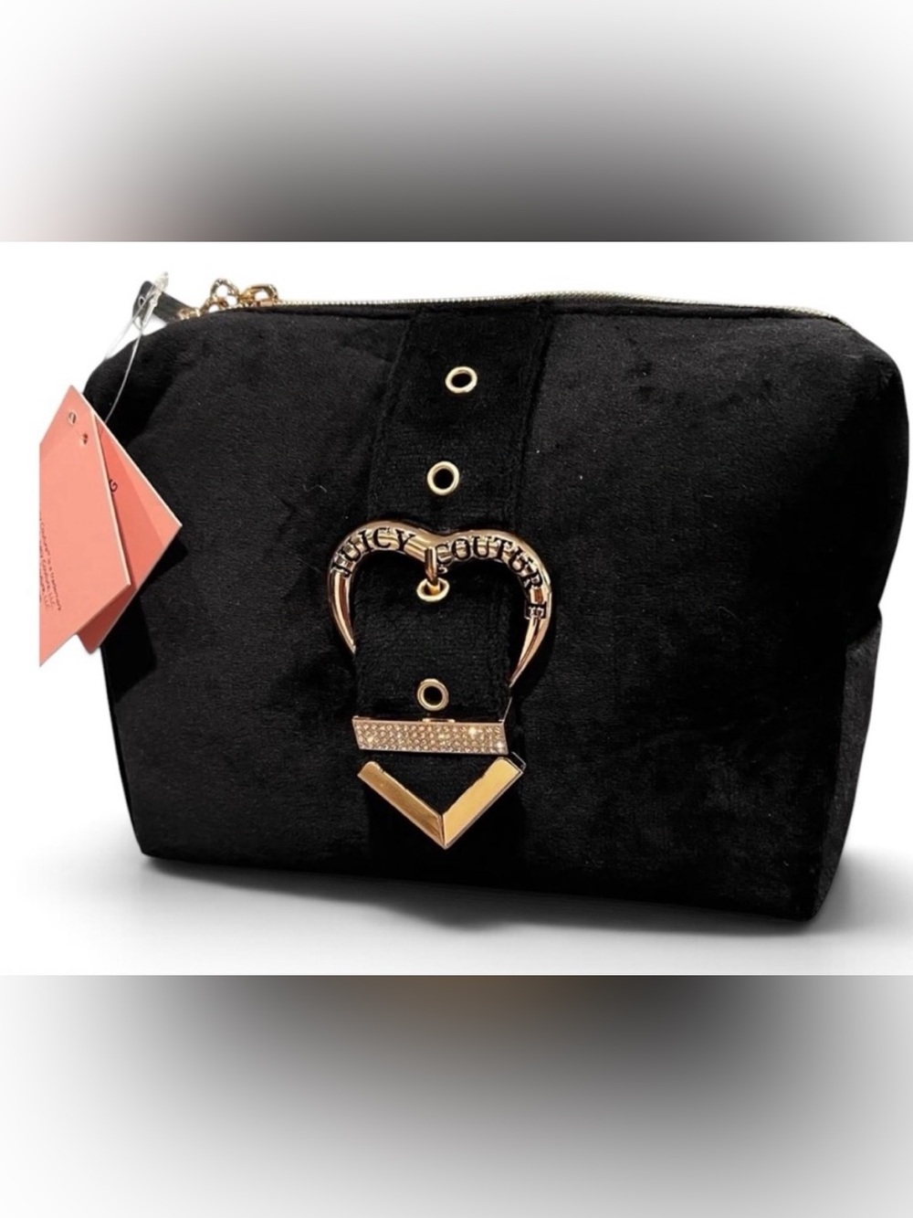 Juicy Couture Black Velvet Clutch with Gold Heart Buckle Accent